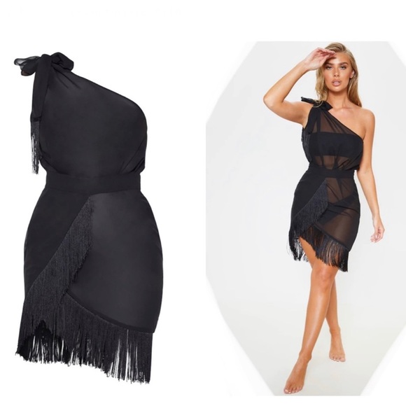 Black Asymmetric Fringe Beach Dress - Picture 2 of 13